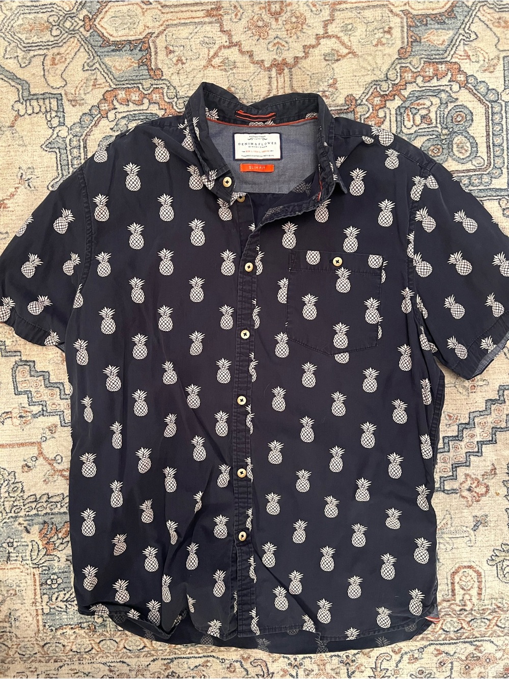 Men's Short-Sleeve Pineapple Print Button-Up Shirt - Navy